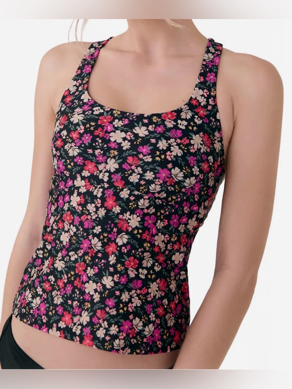 Lole Playa Tankini - Floral Scoop Neck in Black with Pink Flowers